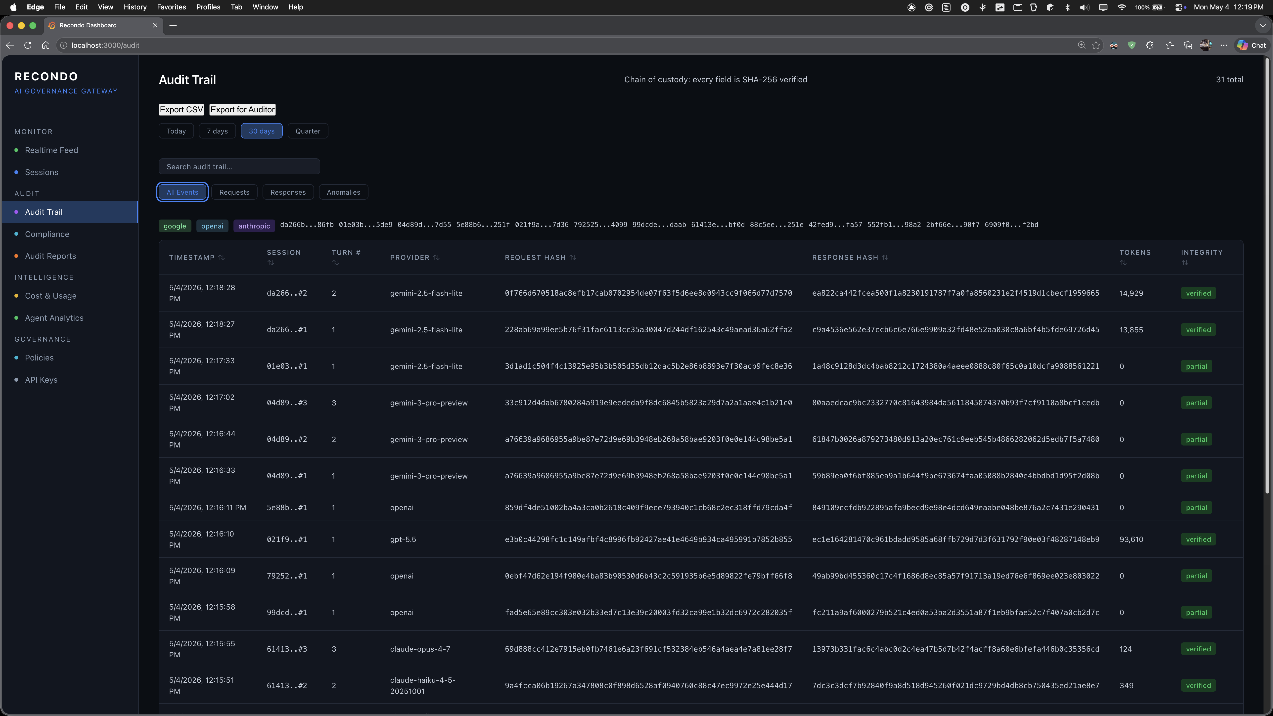 Audit Trail view — chain of custody table with timestamp, session, turn, provider, request hash, response hash, and integrity status per turn