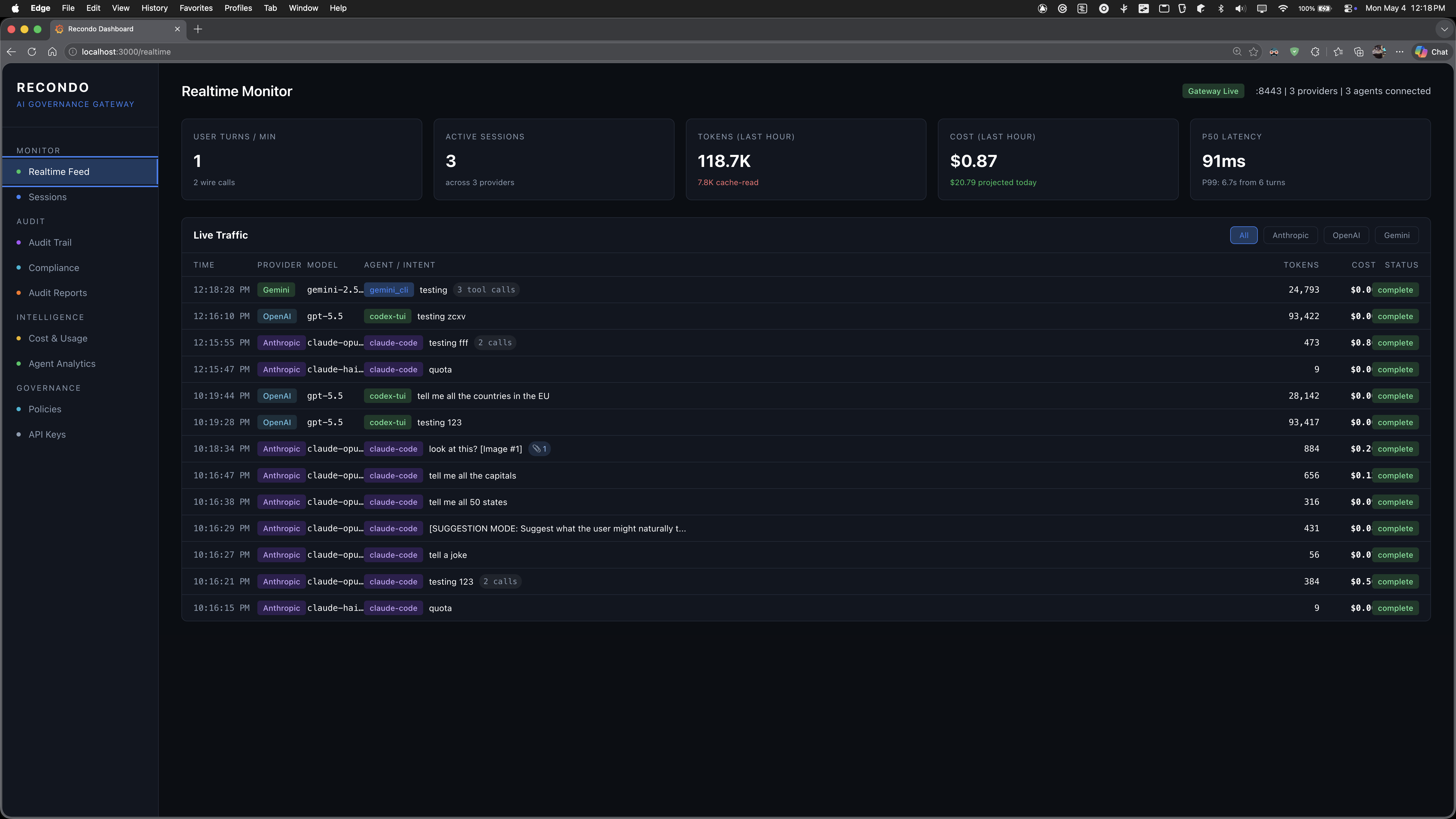 Recondo Realtime Monitor — live traffic feed across Anthropic, OpenAI, and Gemini with token, cost, and latency stats