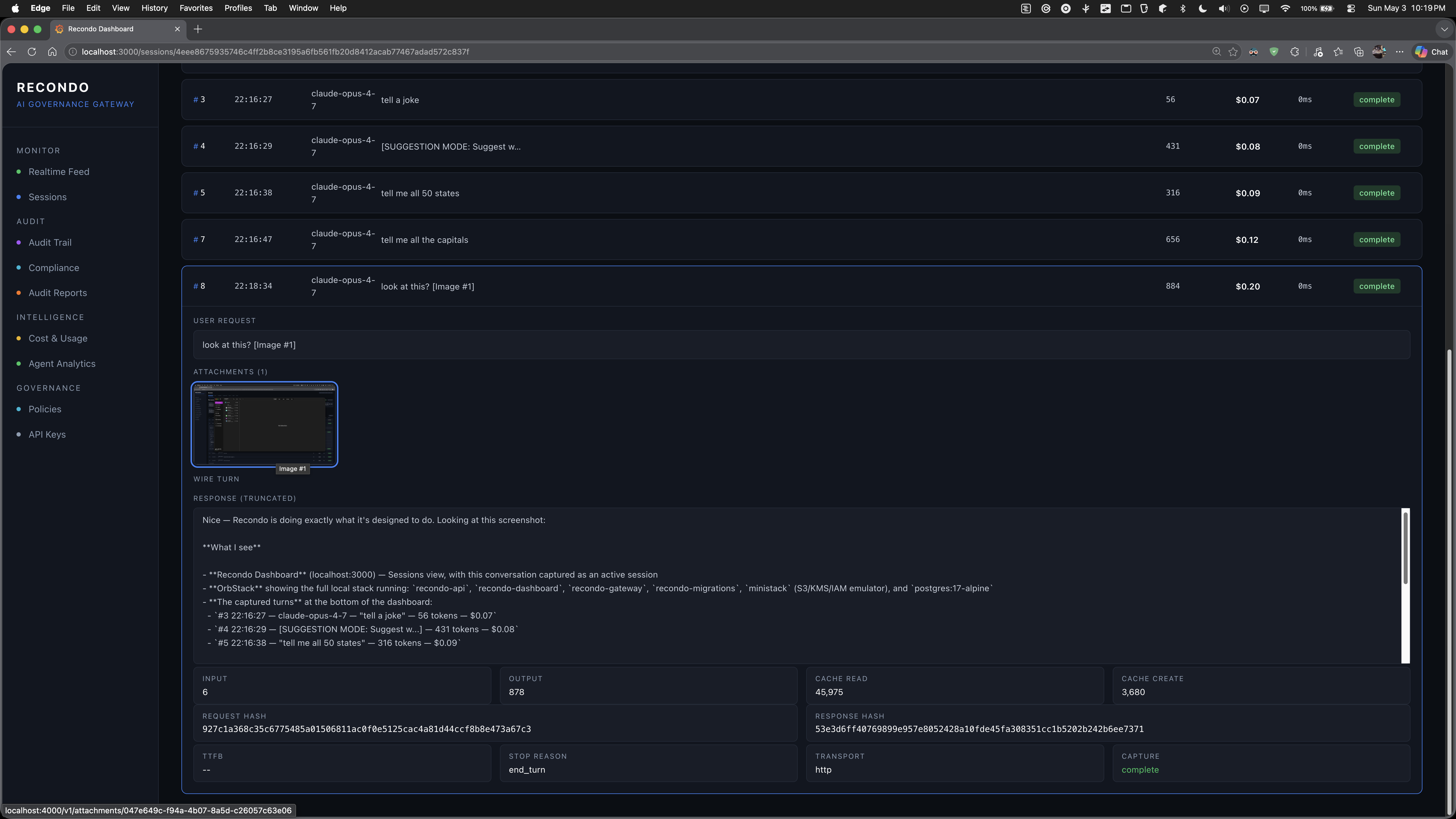 Session detail showing an image attachment captured inside a turn — the agent screenshotted the dashboard and the response analyzes it
