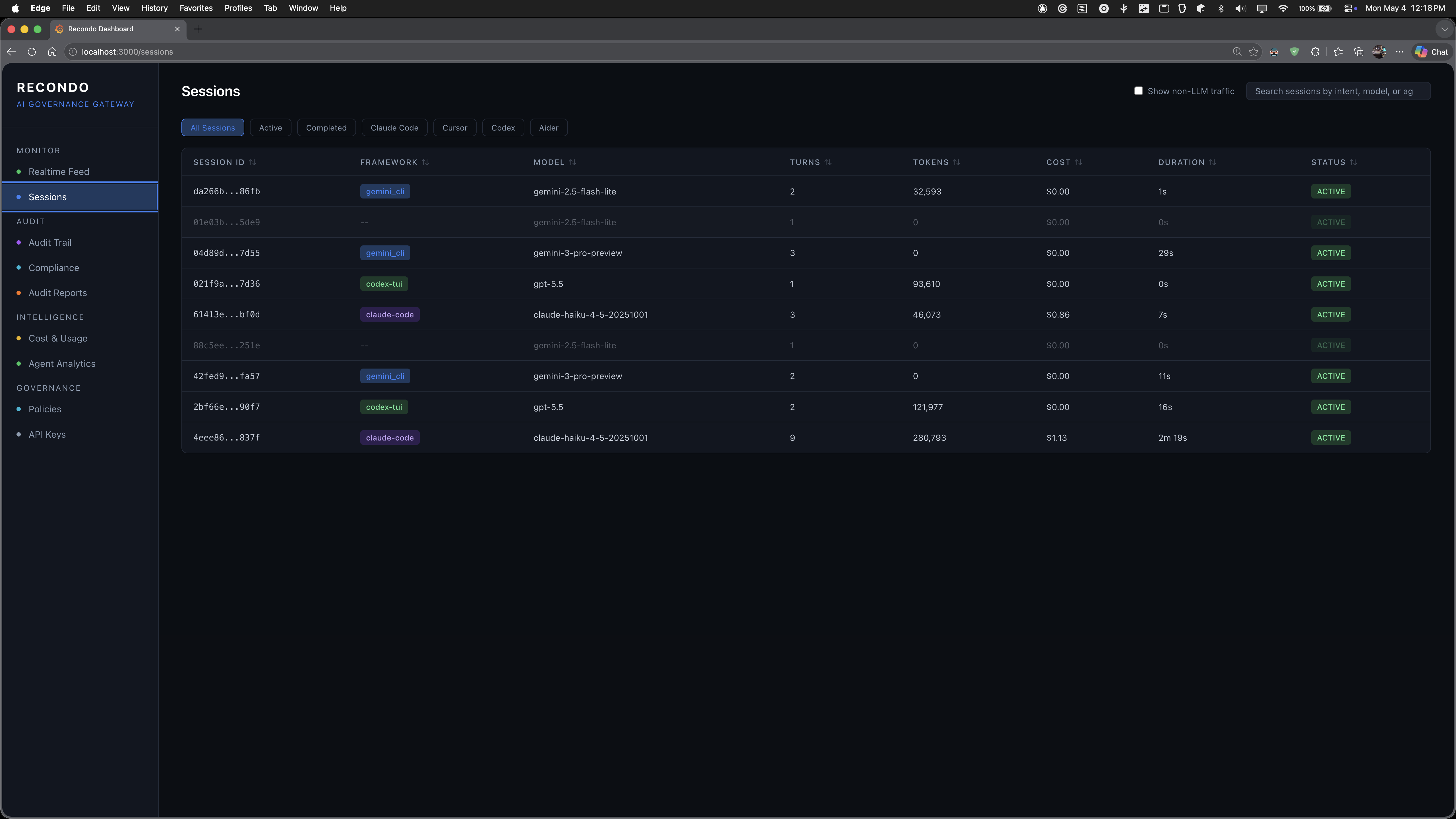 Sessions list — grouped by framework (Claude Code, Cursor, Codex, Aider) with model, turns, tokens, cost, duration, and status